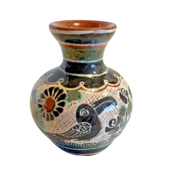 Mexican Tonala Mini Vase Redware Birds Roses Trees Folk Art 2.5 in - Picture 2 of 8